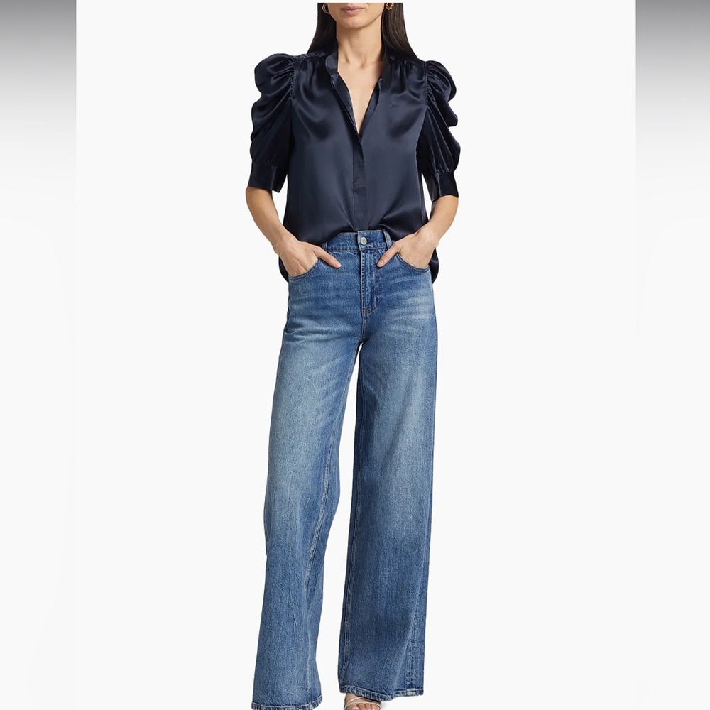 Frame Gillian Ruched Silk Top in Navy